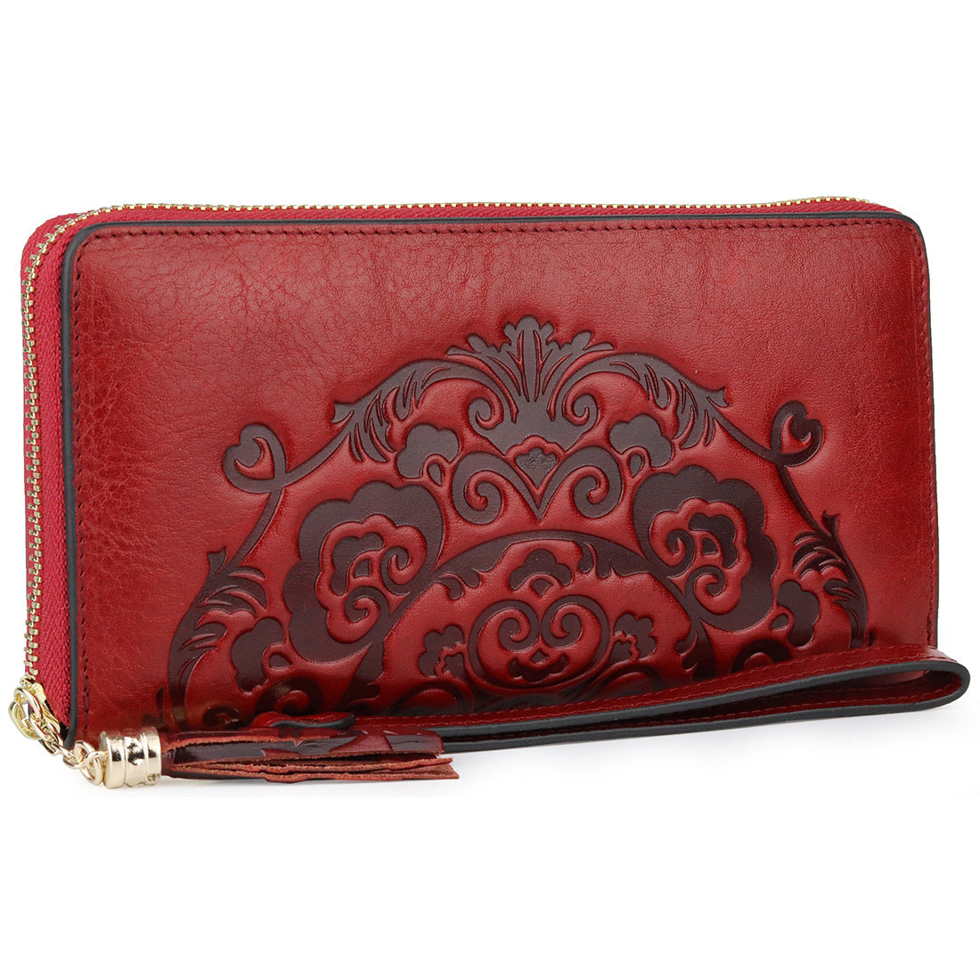 Women's Layer Oil Wax Skin Long Embossed Zipper Ladies Wallets
