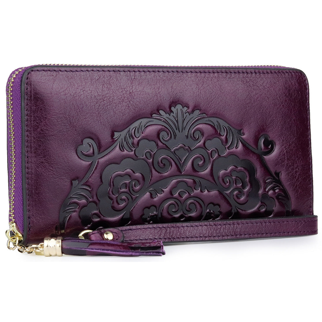 Women's Layer Oil Wax Skin Long Embossed Zipper Ladies Wallets