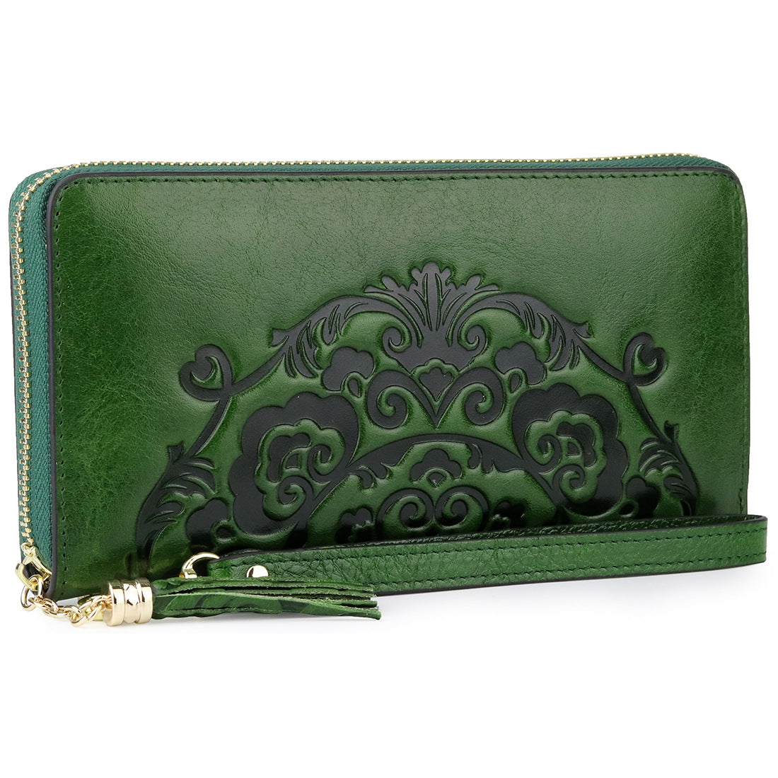 Women's Layer Oil Wax Skin Long Embossed Zipper Ladies Wallets