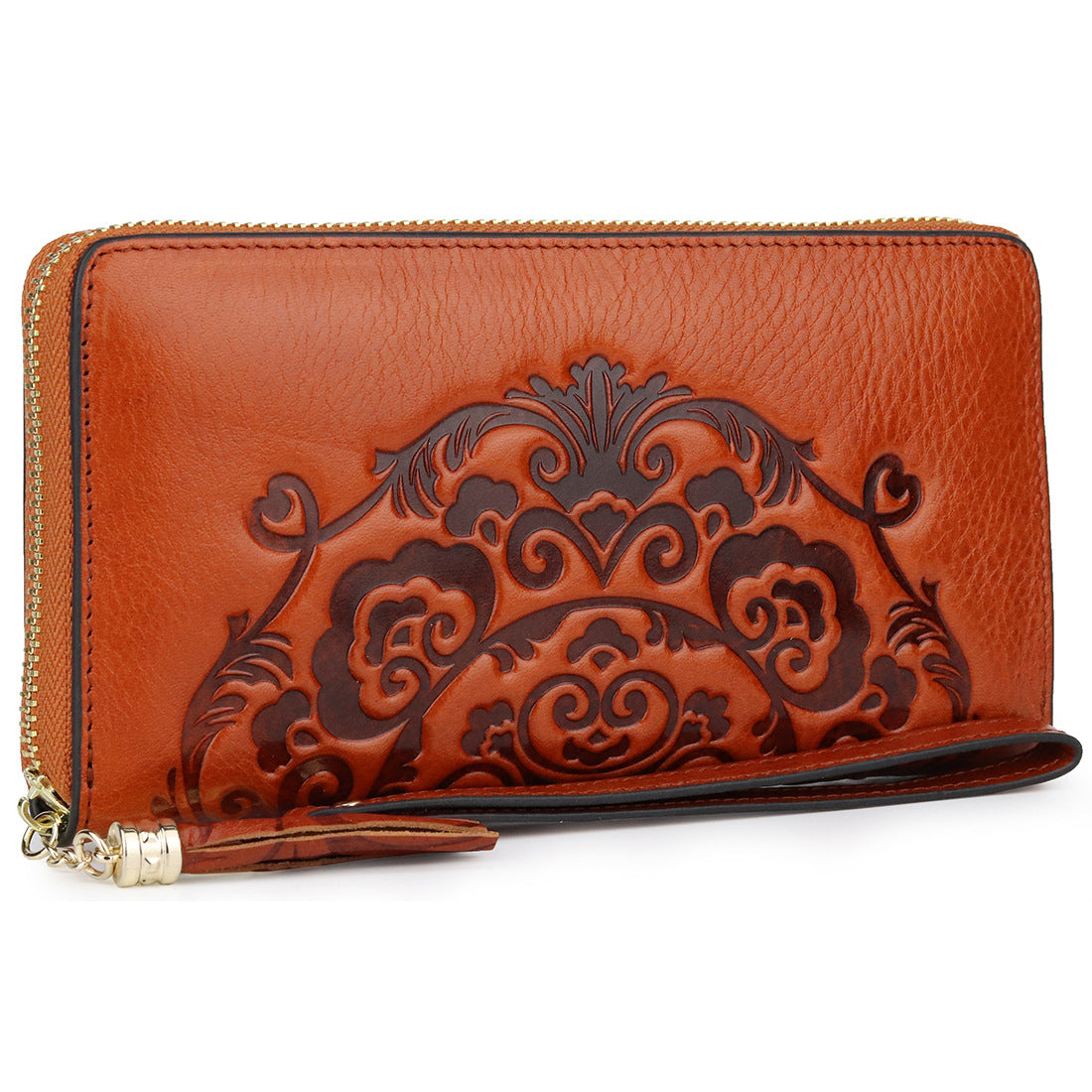 Women's Layer Oil Wax Skin Long Embossed Zipper Ladies Wallets