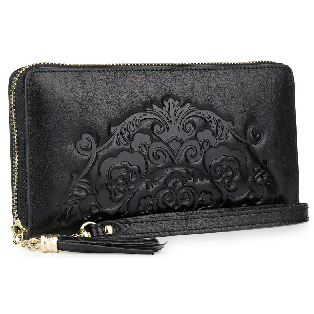 Women's Layer Oil Wax Skin Long Embossed Zipper Ladies Wallets