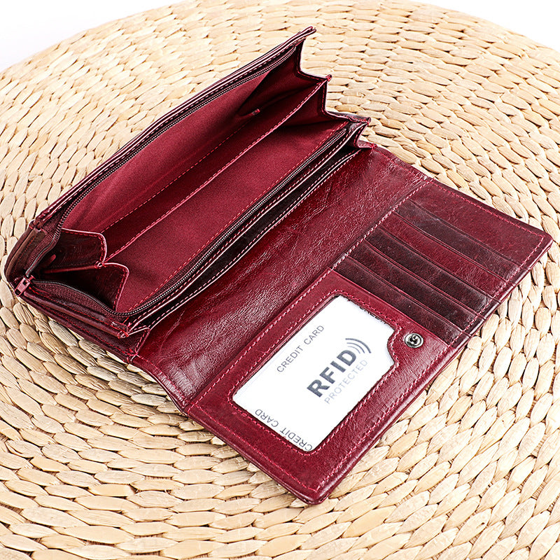 Women's Oil Wax Leather Multi Slots Long Ladies Wallets