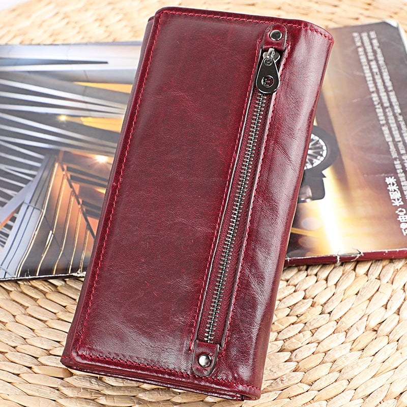 Women's Oil Wax Leather Multi Slots Long Ladies Wallets