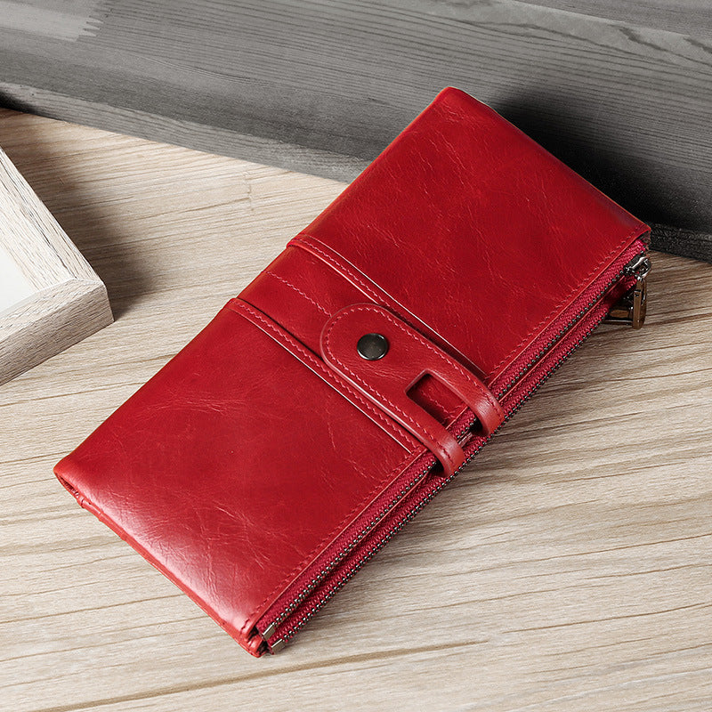 Retro Oil Wax Skin Long Cowhide Ladies Wallets