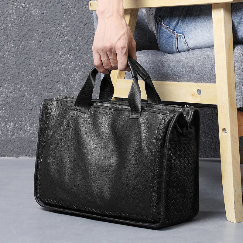 Men's Glamorous Business Sheepskin Knitted Leather Men's Handbags