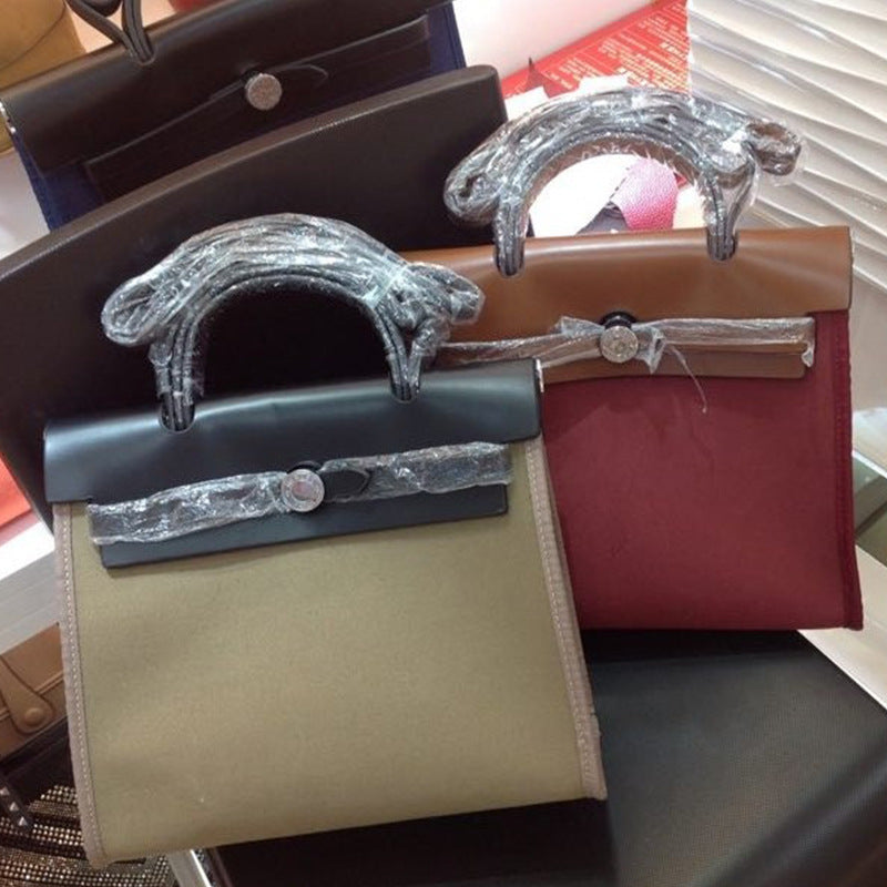 Women's Lady's Fashion Kelly Cowhide Stitching Canvas Shoulder Bags