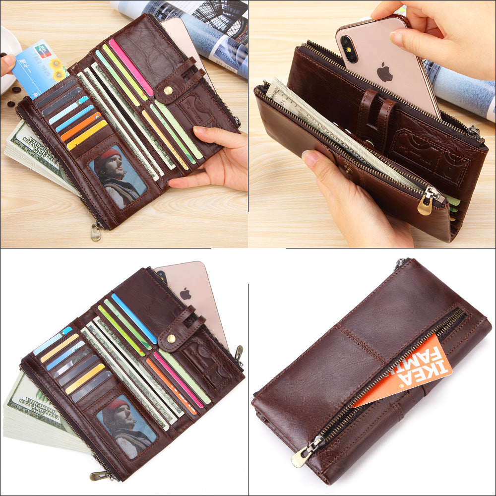Men's Layer Cattlehide Leather Fashion Long Clutch Large Men's Wallets