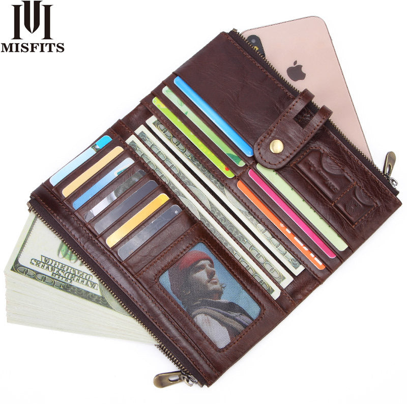 Men's Layer Cattlehide Leather Fashion Long Clutch Large Men's Wallets