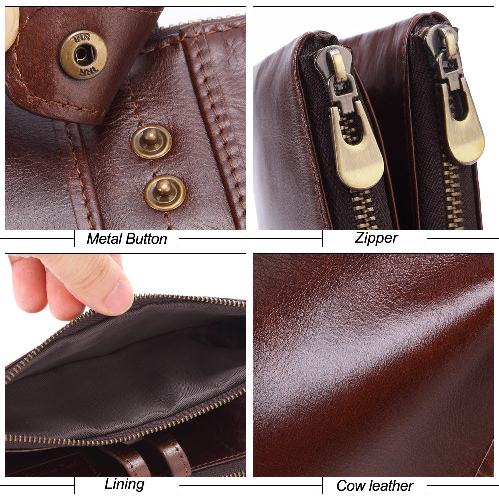 Men's Layer Cattlehide Leather Fashion Long Clutch Large Men's Wallets