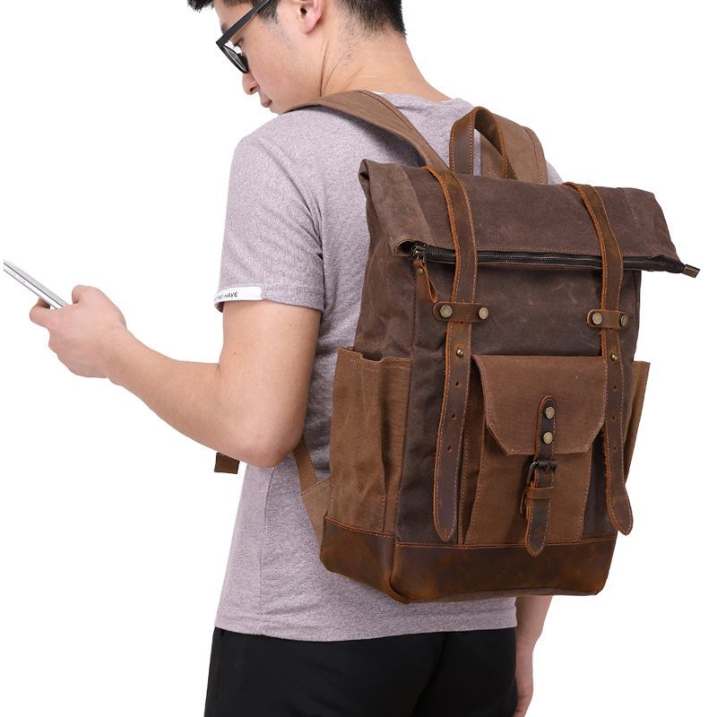 Men's Retro Crazy Horse Oil Wax Waterproof Backpacks
