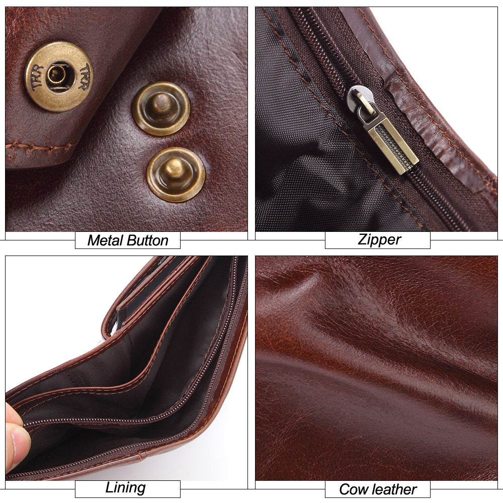 Men's Genuine Leather Short Large Capacity Cattlehide Purses