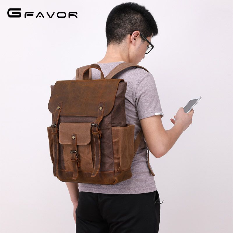 Men's Crazy Horse Leather Retro Canvas Oil Backpacks