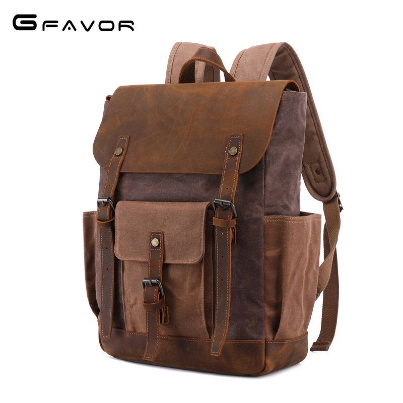 Men's Crazy Horse Leather Retro Canvas Oil Backpacks