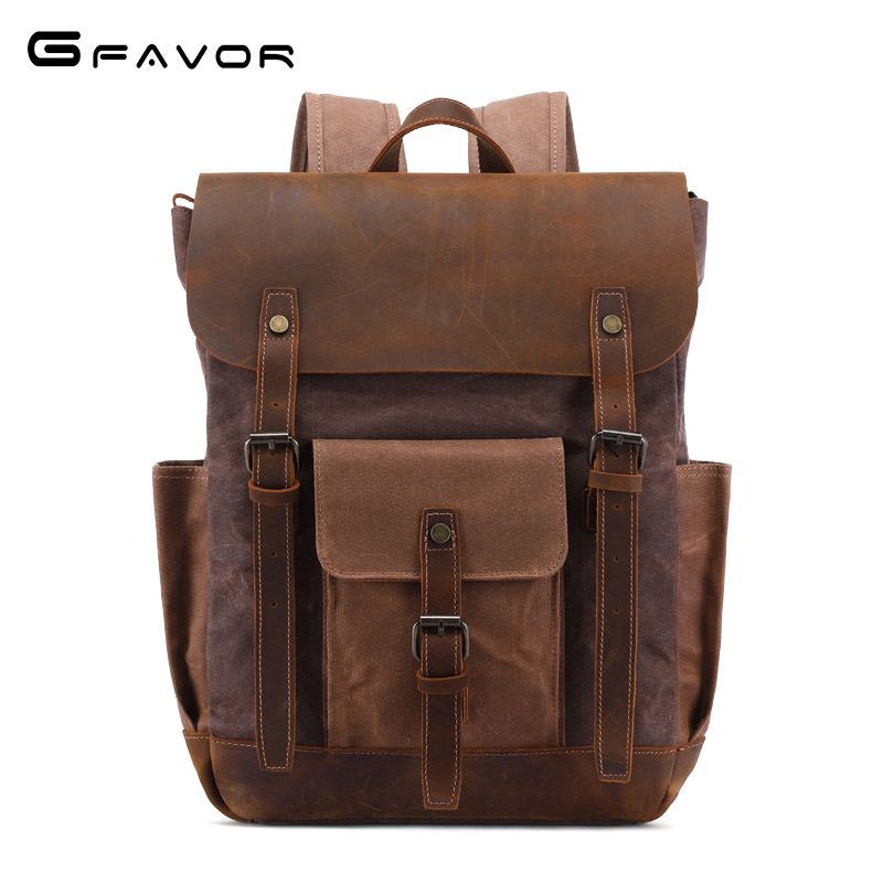 Men's Crazy Horse Leather Retro Canvas Oil Backpacks