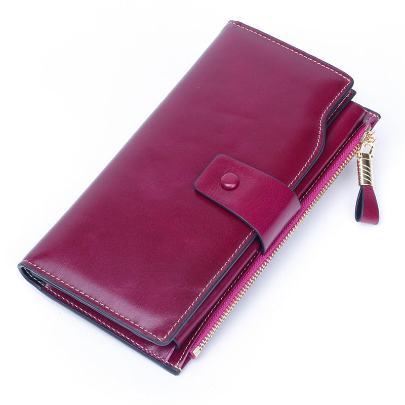 Women's Swiping Long Oil Wax Mobile Clutch Ladies Wallets