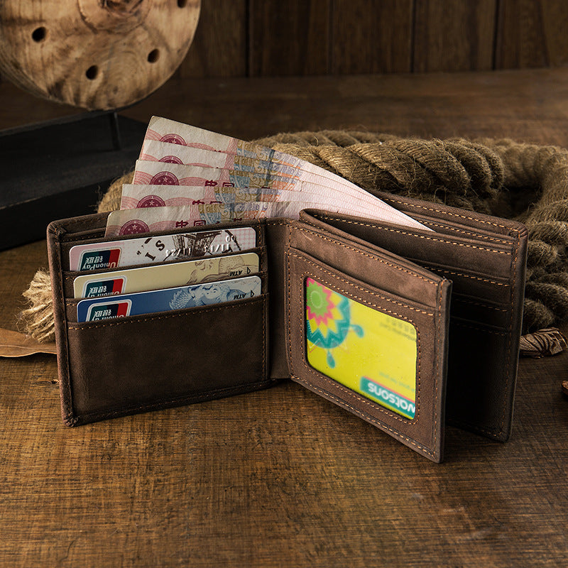 Men's Cowhide Short Vintage Leather Horizontal Multiple Card Holder