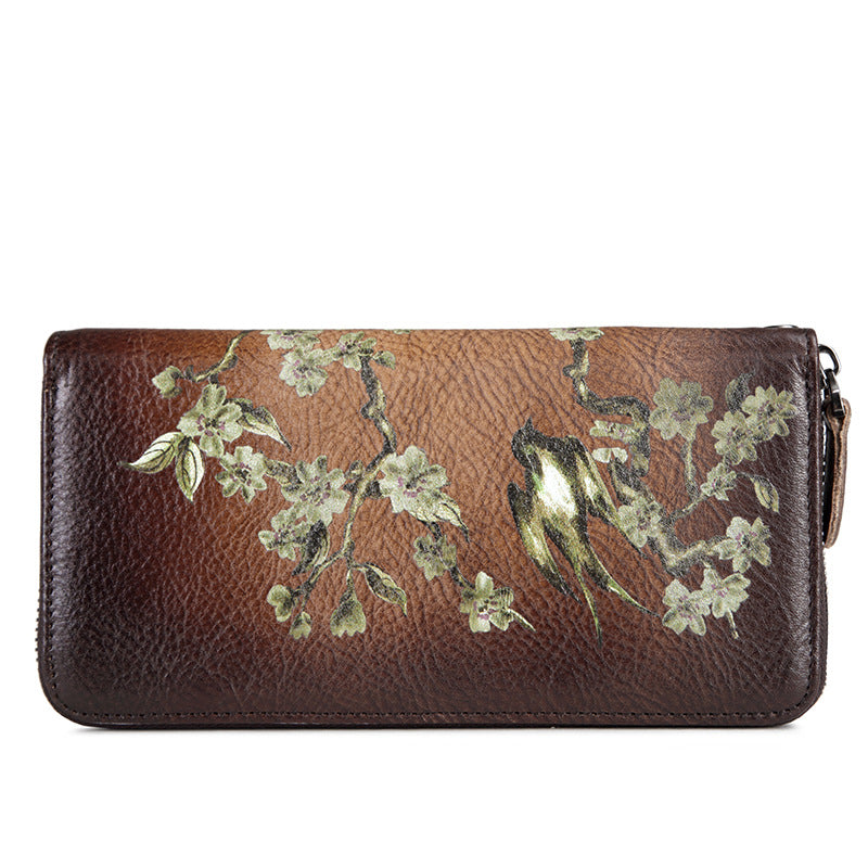 Women's Leather Long Zipper Retro Female Cowhide Bags