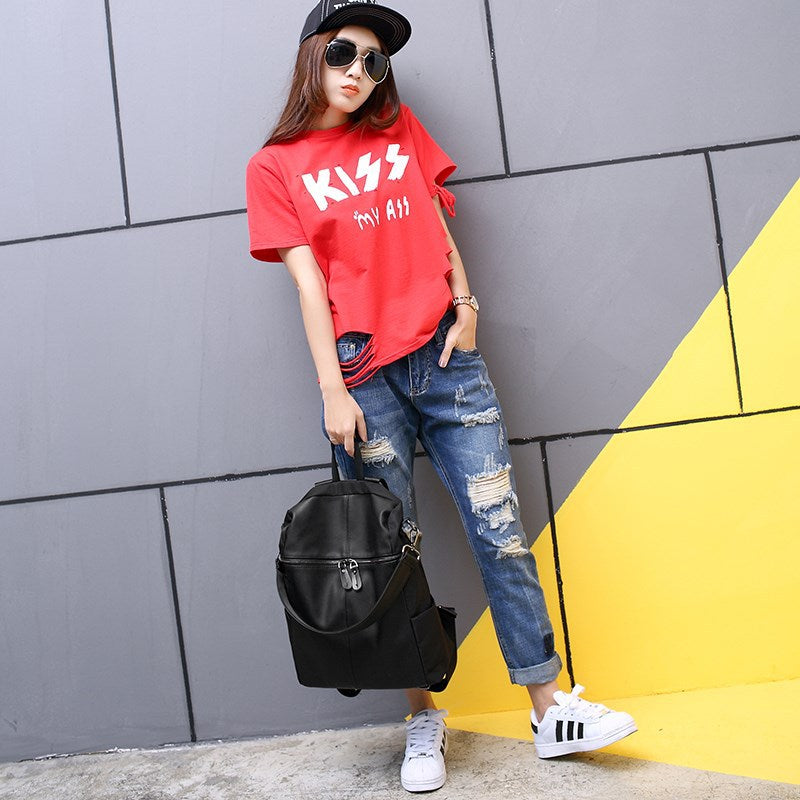 Women's Cloth With Leather Korean Style Simple Versatile Backpacks