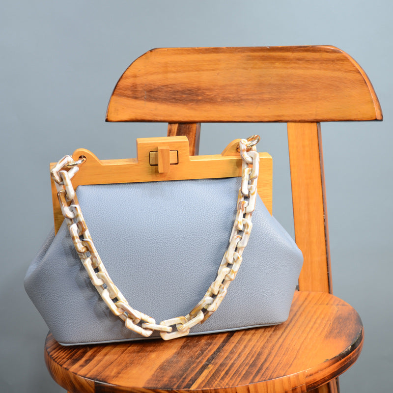 Women's Fashion Underarm Niche Wood Clip Chain Crossbody Bags