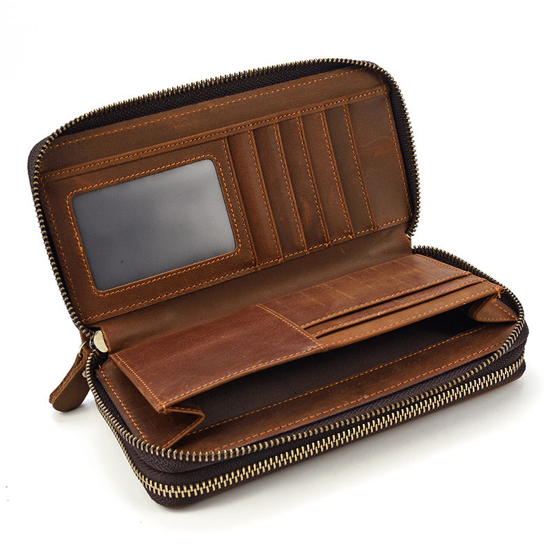 Men's Long Genuine Leather Crazy Horse Double Men's Handbags