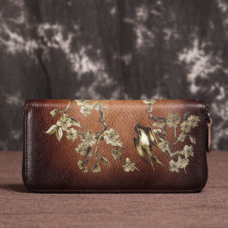 Women's Leather Long Zipper Retro Female Cowhide Bags