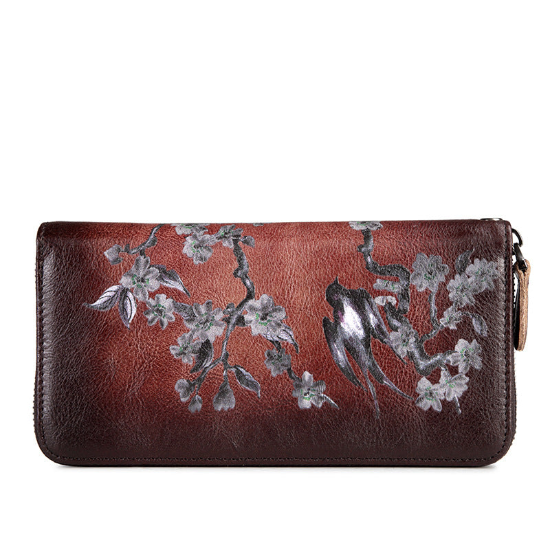 Women's Leather Long Zipper Retro Female Cowhide Bags