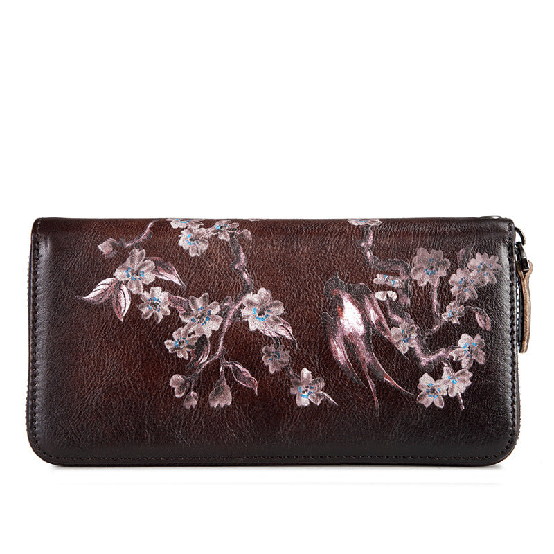 Women's Leather Long Zipper Retro Female Cowhide Bags