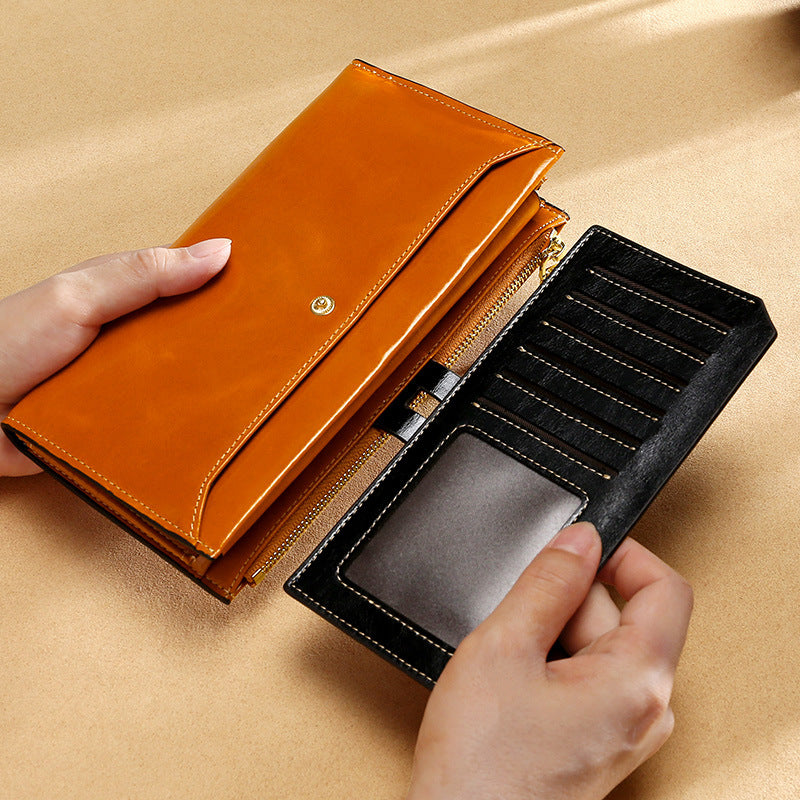 Women's Slots Retro Oil Wax Skin Long Ladies Wallets