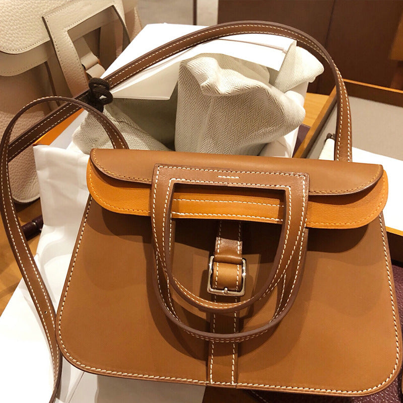 Women's First Layer Cowhide Lychee Pattern Hand-held Handbags