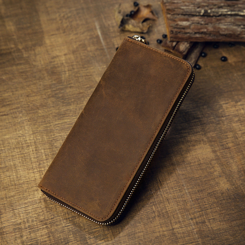 Men's Leather Long Circumference Zipper Vintage Crazy Horse Hand-held Men's Wallets