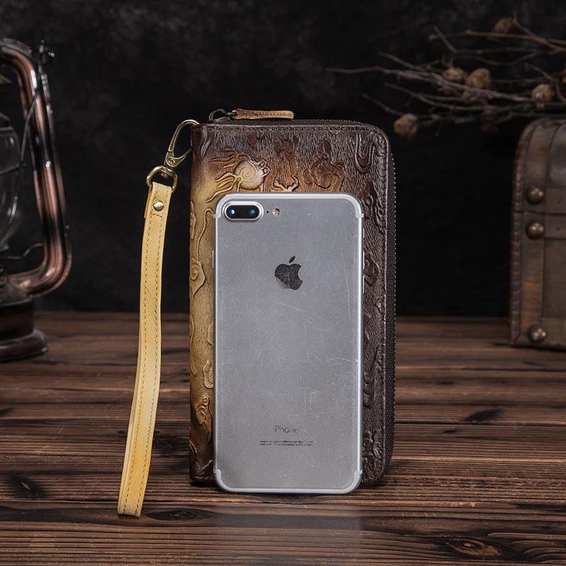 Men's Tanned Leather Cowhide Long Pressure Tiger Men's Wallets