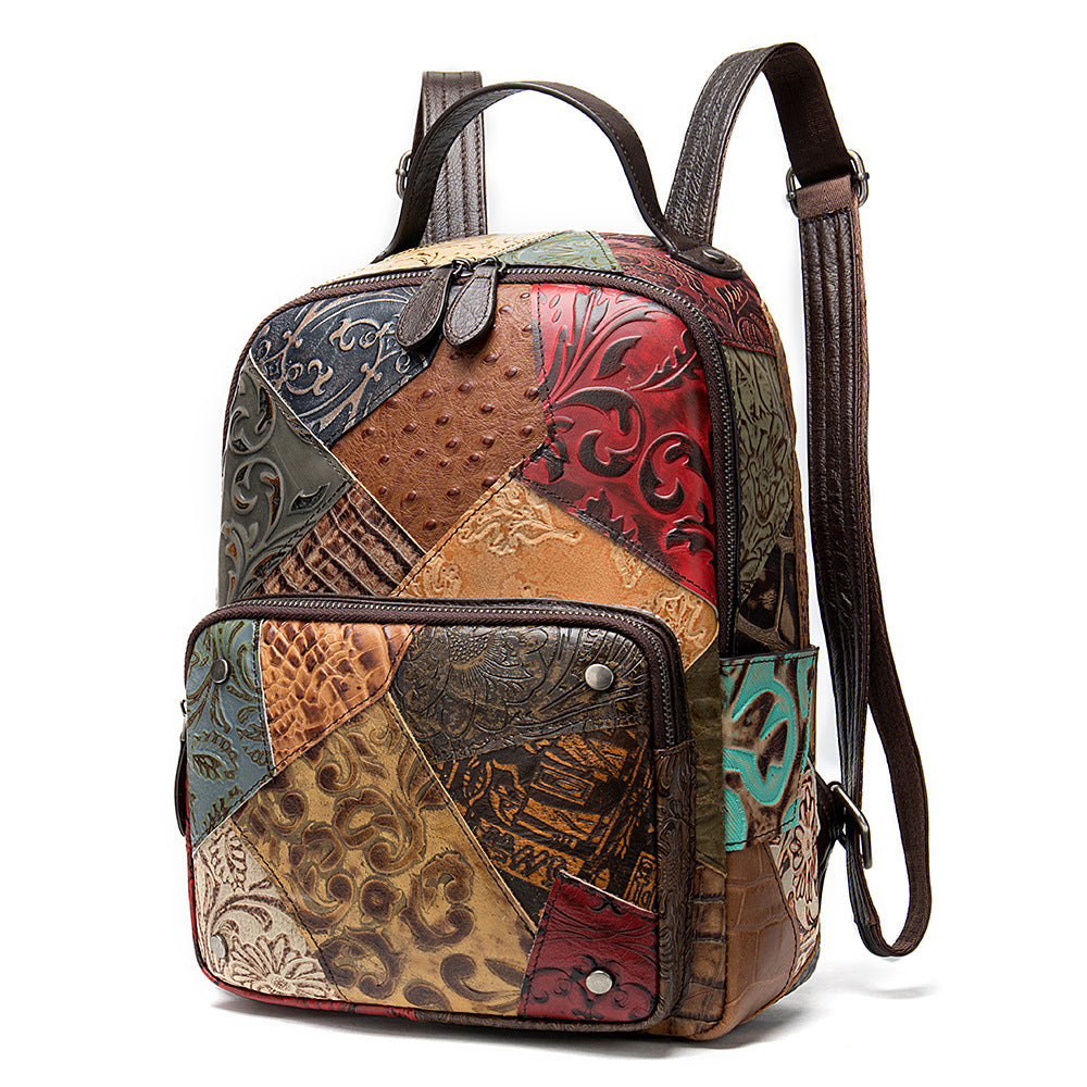 Women's Layer Cowhide Embossed Contrast Color Handmade Genuine Leather Large Backpacks