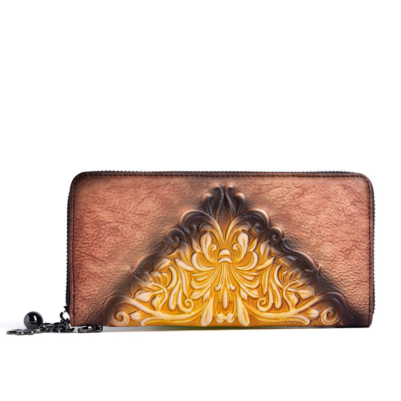 Women's Vegetable Tanned Leather Retro Embossing Clutch Ladies Wallets