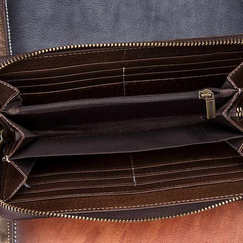 Men's Vintage Long Zipper Leather Clutch Cowhide Men's Wallets