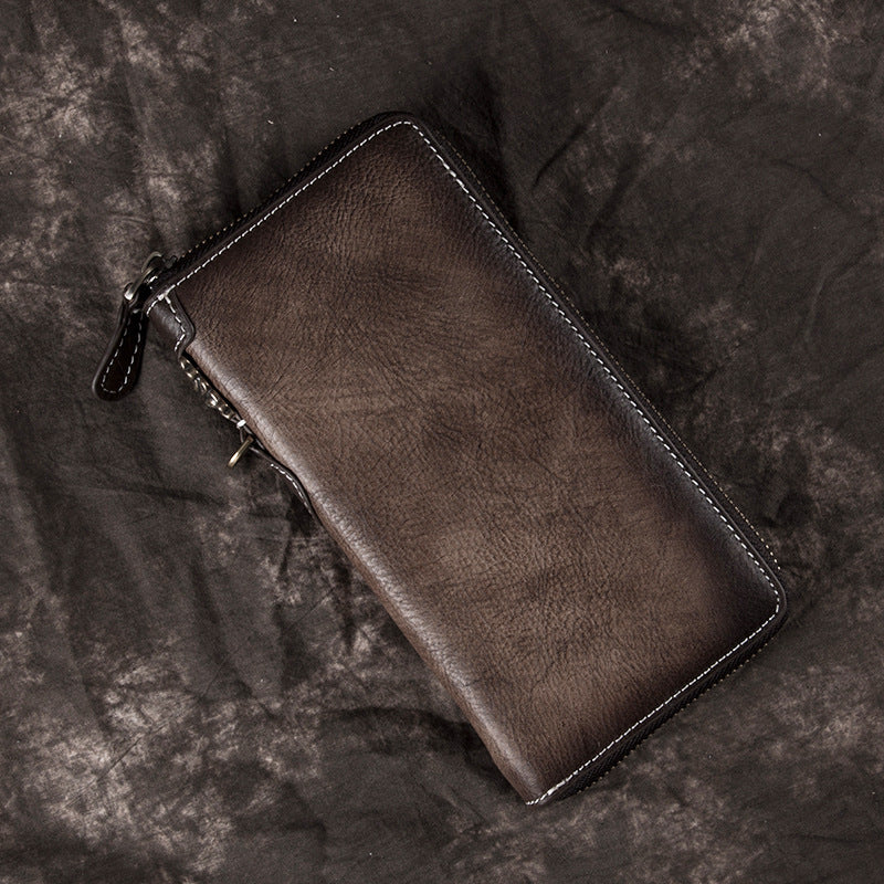 Men's Vintage Long Zipper Leather Clutch Cowhide Men's Wallets