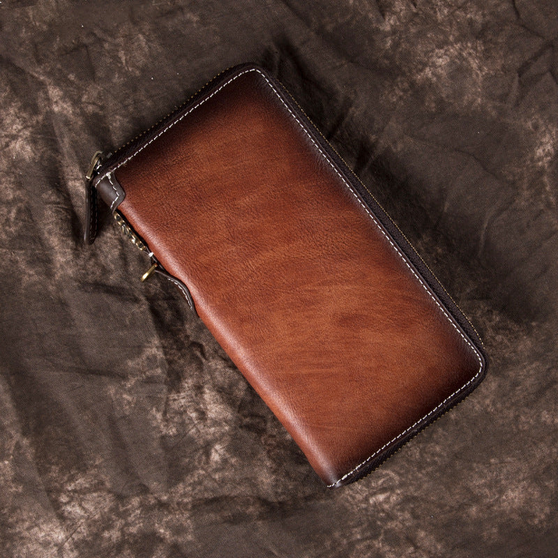 Men's Vintage Long Zipper Leather Clutch Cowhide Men's Wallets