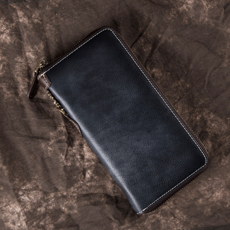 Men's Vintage Long Zipper Leather Clutch Cowhide Men's Wallets