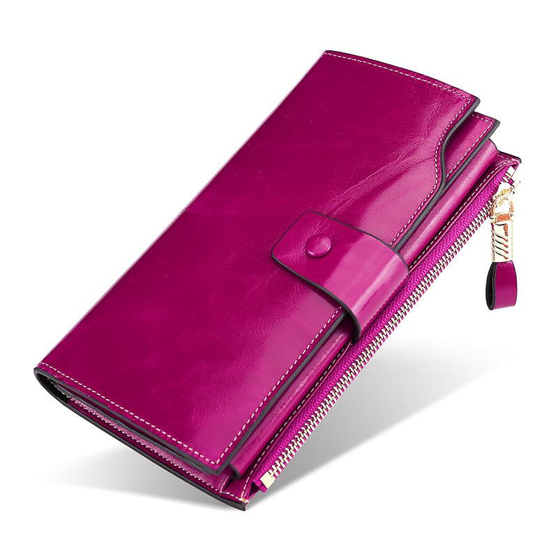 Women's Oil Wax Genuine Leather Long Fashion Ladies Wallets