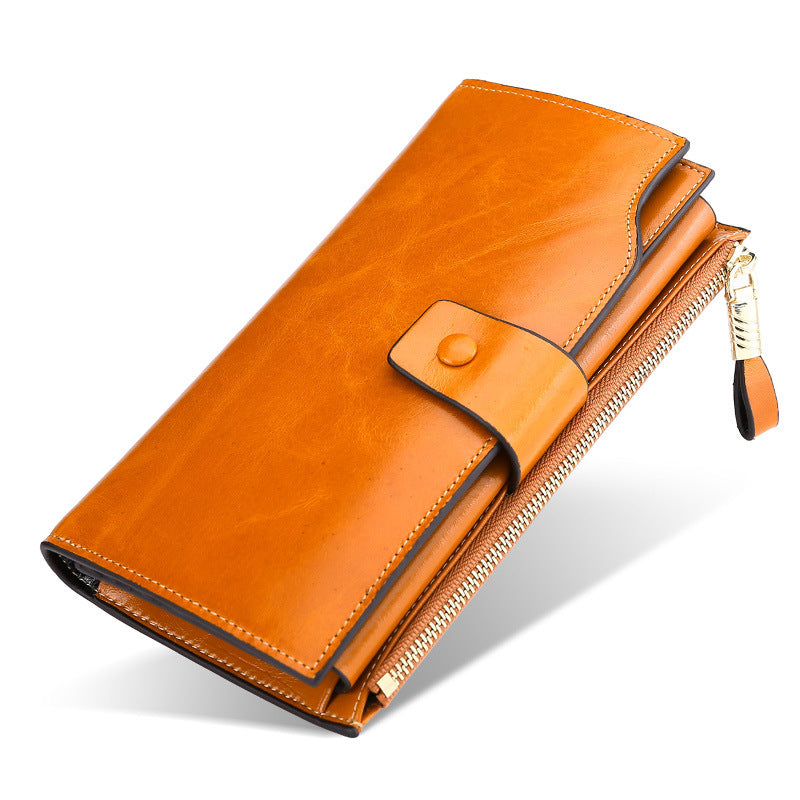 Women's Oil Wax Genuine Leather Long Fashion Ladies Wallets