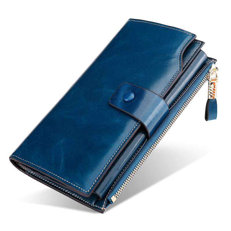Women's Oil Wax Genuine Leather Long Fashion Ladies Wallets