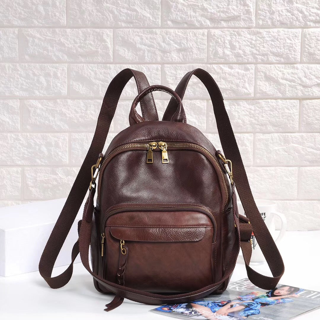 Women's Leather First Layer Cowhide Solid Color Backpacks