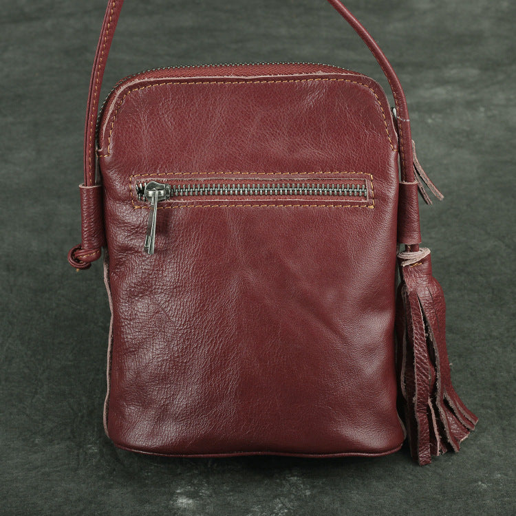 Women's Mobile Leather Tassel First Layer Cowhide Shoulder Bags