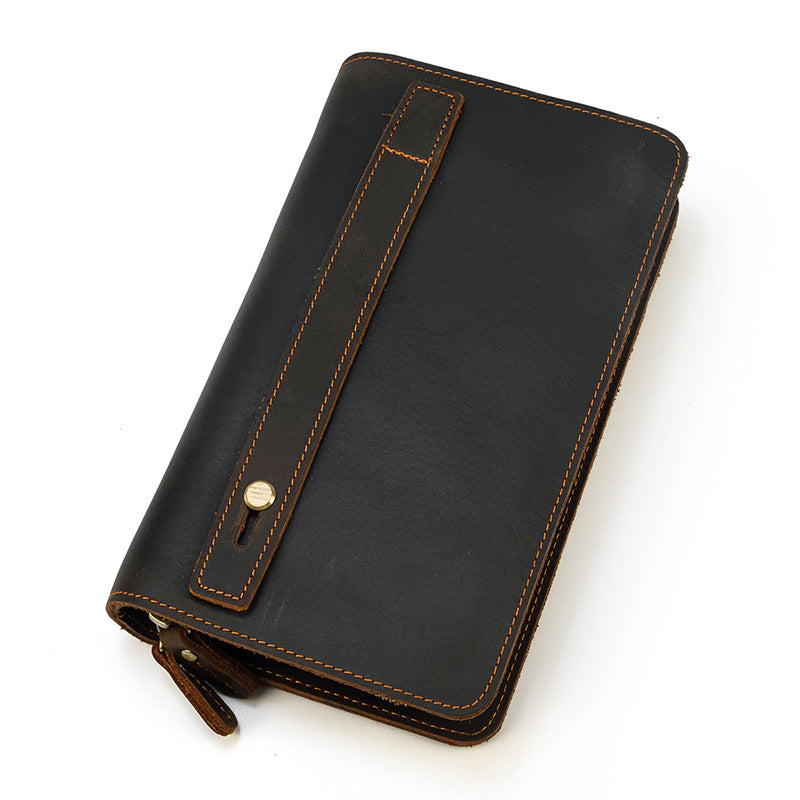 Men's Vintage Crazy Horse Leather Double Layer Zipper Multiple Men's Wallets