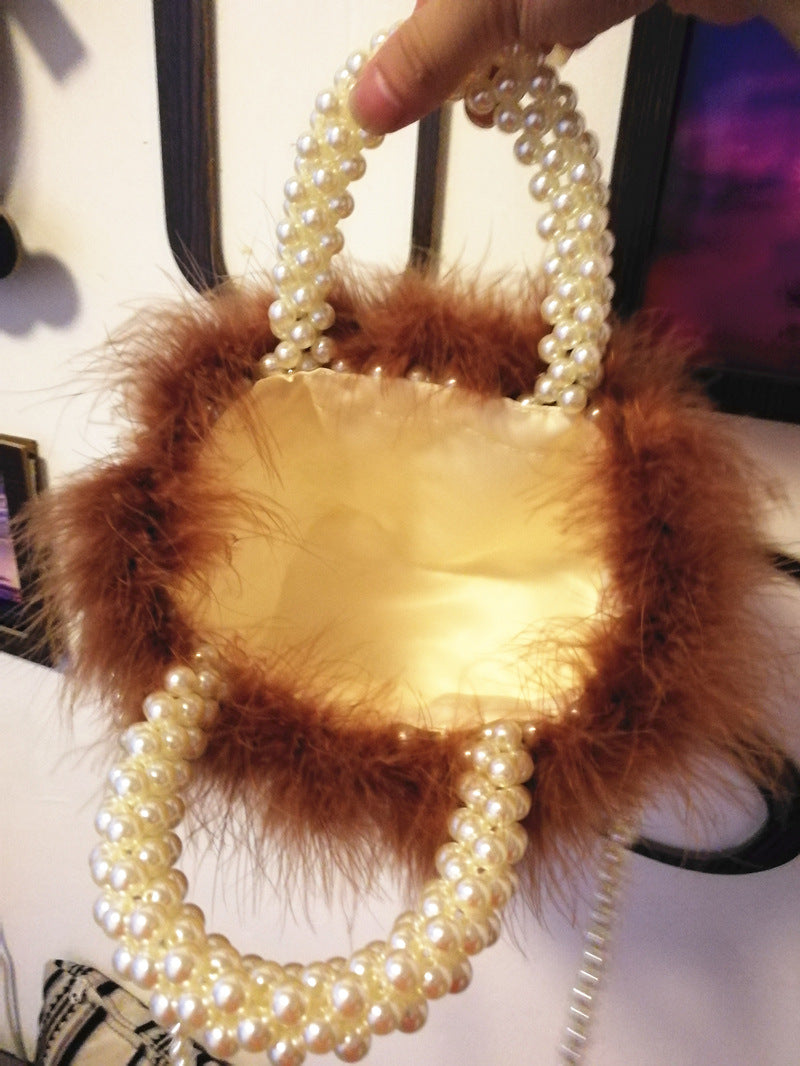 Women's Vegetable Basket Hand-woven Furry Beaded Pearl Handbags