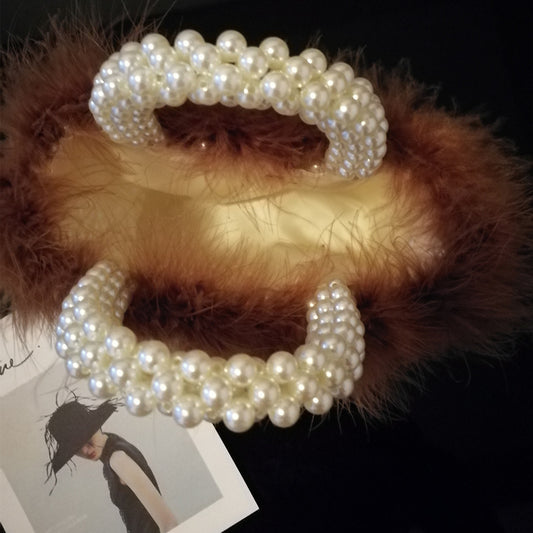 Women's Vegetable Basket Hand-woven Furry Beaded Pearl Handbags