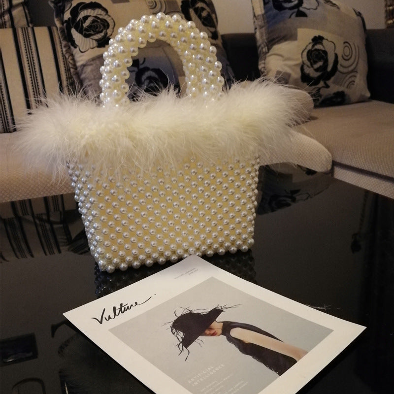 Women's Vegetable Basket Hand-woven Furry Beaded Pearl Handbags