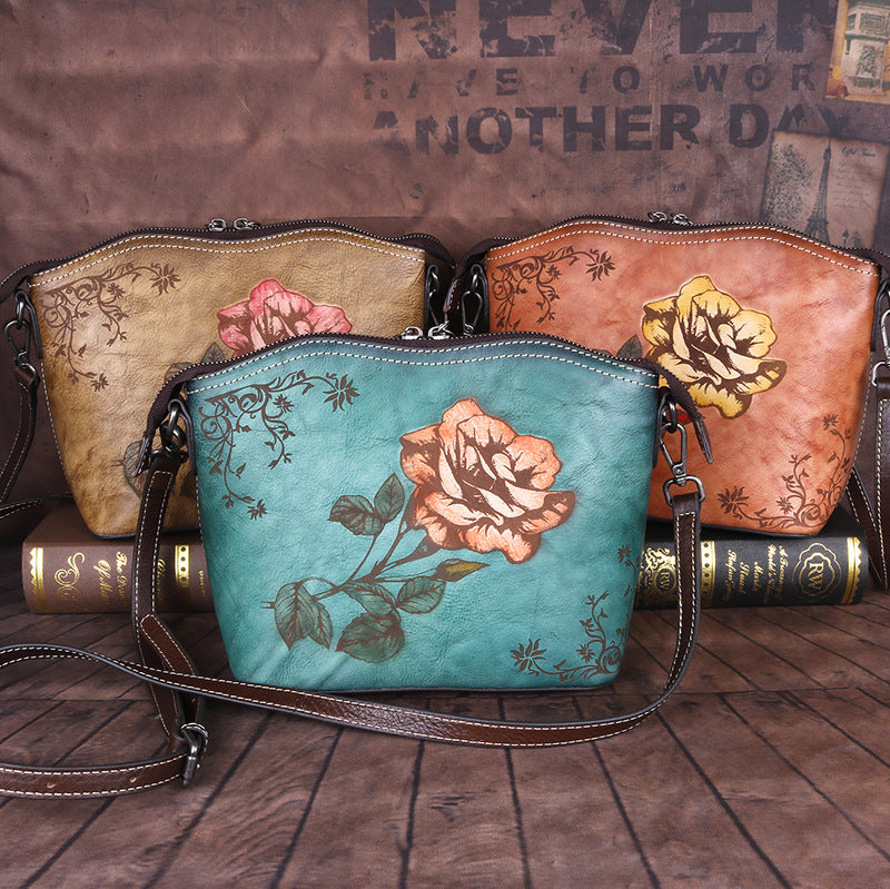 Women's Top Layer Leather Chinese Style Rose Shoulder Bags