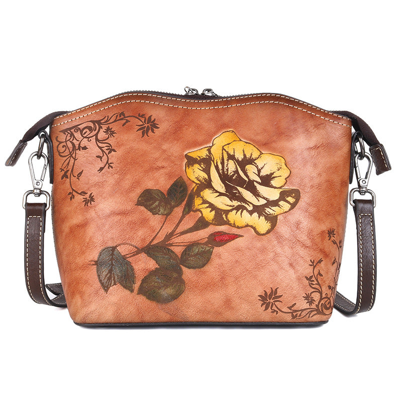 Women's Top Layer Leather Chinese Style Rose Shoulder Bags