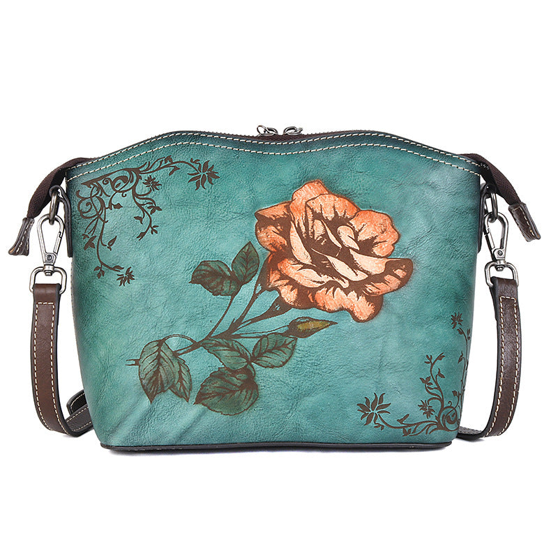 Women's Top Layer Leather Chinese Style Rose Shoulder Bags