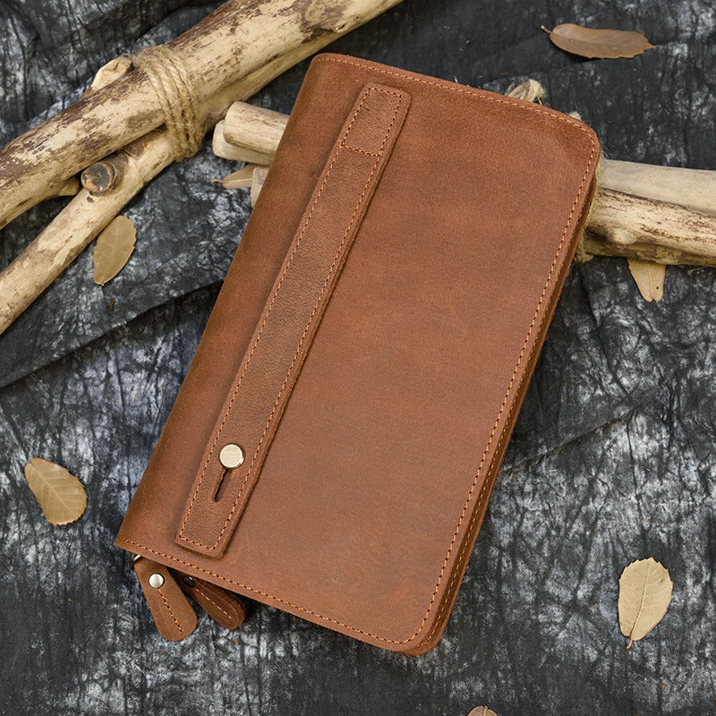 Crazy Horse Leather Double Layer Zipper Men's Wallets